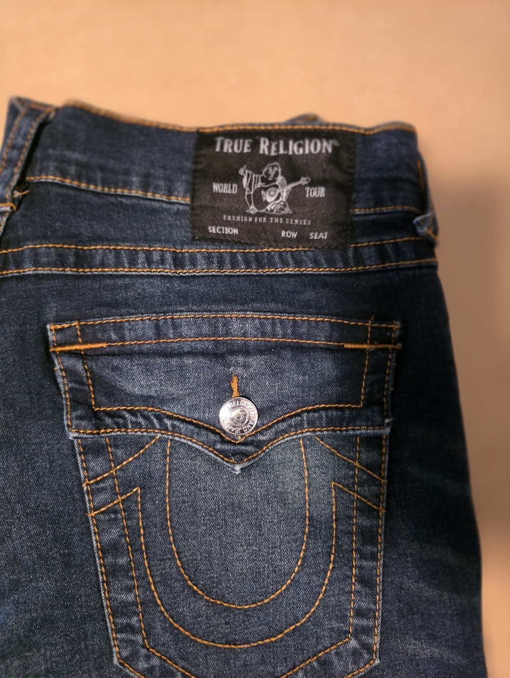 True Religion Indigo Denim Jeans with Orange Stitching